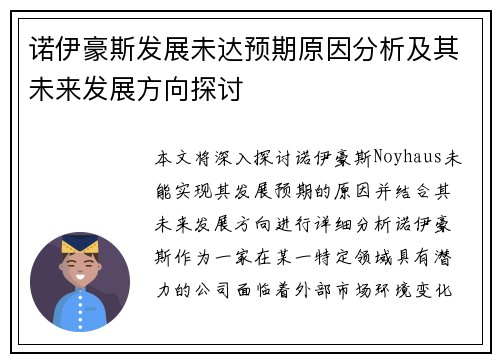 诺伊豪斯发展未达预期原因分析及其未来发展方向探讨